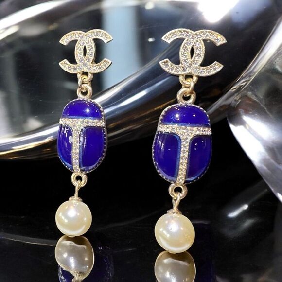 Chanel Scarab Gold and Blue  Drop Earrings - Picture 1 of 10